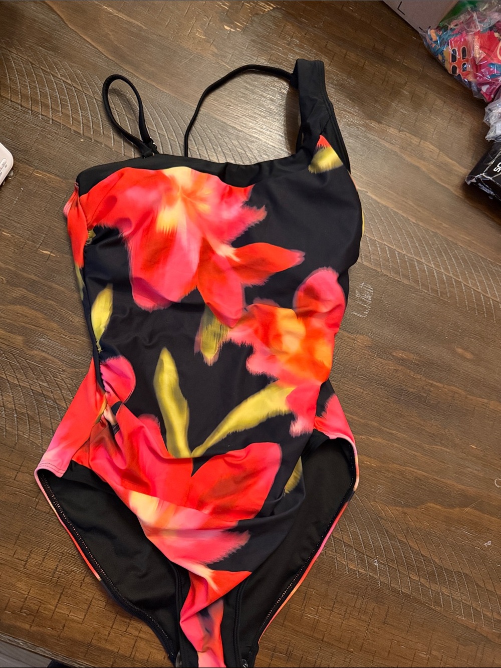 Amazon Women's Black One-Piece Swimsuit with Red and Yellow Floral Print
